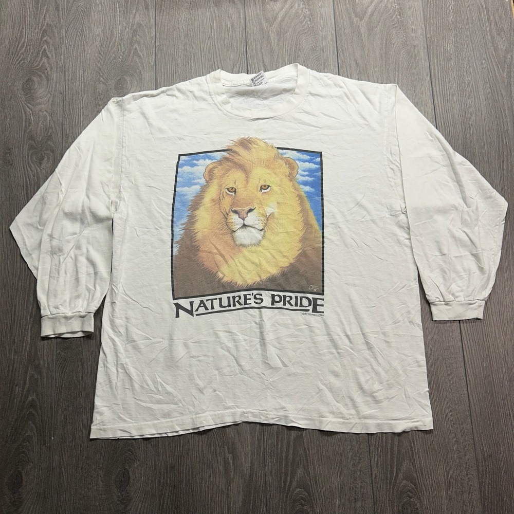 Vintage 1995 Human-i-Tees Natures Pride Lion XL T-Shirt Long Sleeve White USA